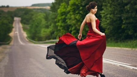 Woman in Red - road, style, eyes, hairstyle