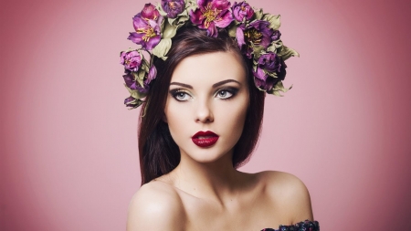 Flowers on her head - flowers, beauty, woman, make up