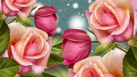 Bright Roses of Summer - roses, blooms, blossoms, summer, buds, spring, flowers, glow, Firefox Persona theme, shine