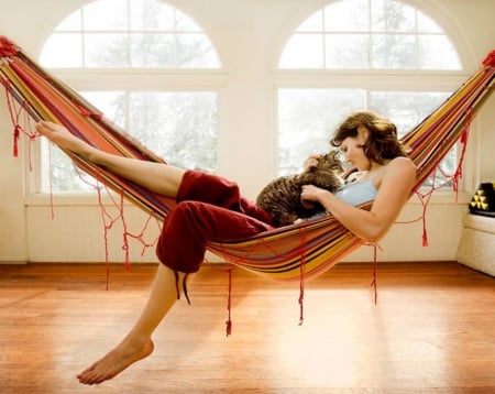 ~ Hanging Out Together ~ - Girl, Hammock, windows, cat