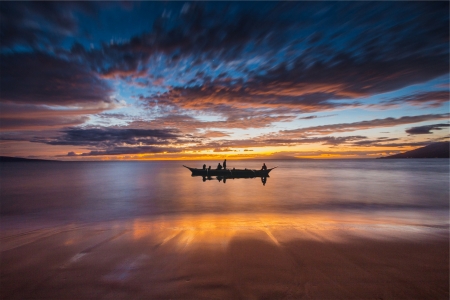 Amazing Sunset - silhouette, lake, sky, scenic, dramatic, sunset, nature, reflection, river, colors, boat