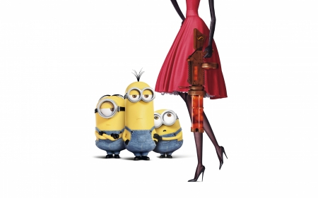 Despicable Me 2 (2013) - woman, minions, gun, movie, funny, fantasy, white, yellow, red, blue, despicable me 2, cute