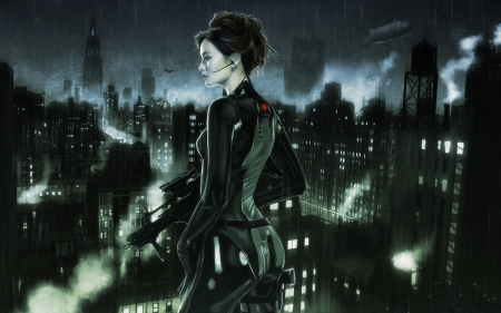 Guardian of the night - woman, gun, girl, night, guardian, fantasy, buildings, black, dark, game, city