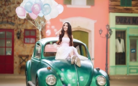 Happy Day! - pink, model, girl, blue, retro, car, vintage, balloon, asian, woman, green