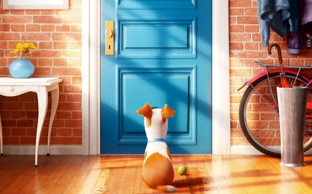 The Secret Life of Pets - the secret life of pets, cartoon, bicycle, pets, ball, wheel, life, dog, secret, door, umbrella, table, 2015, disney