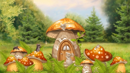 Of Mice and Mushrooms - story, house, whimsical, forest, fantasy, Firefox Persona theme, fairytale, mushrooms, field, mice