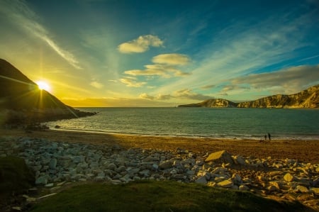 Worbarrow Bay - nature, ocean, beach, clouds, golden, sunset, mountains