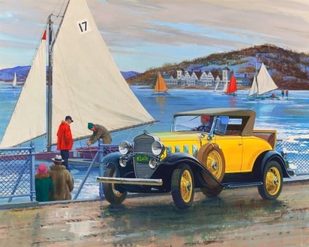 Chevrolet - 1932 - cars, scenery, summer, people, attractions in dreams, brands, sea, sailboats, Chevrolet 1932, retro car, love four seasons, draw and paint