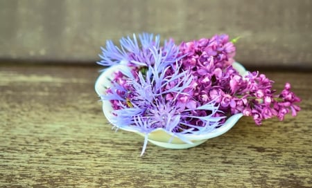 Bowl of Flowers - flowers, nature, decoration, wood, lilacs, tender, flower bowl