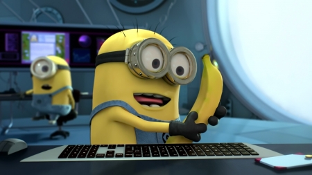 Despicable Me 2 (2013) - minions, banana, movie, computer, funny, fantasy, fruit, yellow, blue, despicable me 2, cute