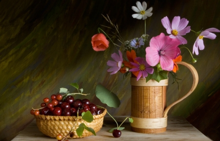 Still Life - colors, cherry, flowers, cup