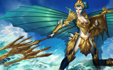 Valkyrie - cloud, valkyrie, game, girl, phuket, blue, art, wings, heroes of newerth, sky, fantasy, golden, woman, green