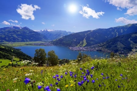 Landscape with mountain and lake - hills, summer, landscape, grass, meadow, mountain, view, lake, sky, sunlight, beautiful, sunshine, wildflowers, glow, nature, rays, bright