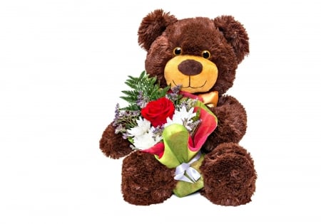 Happy Birthday! - brown, flower, bouquet, toy, birthday, white, red, green, teddy bear, cute