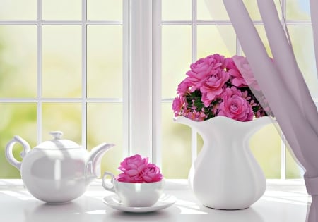 A cup of pink - white, flower, rose, pink, window, cup