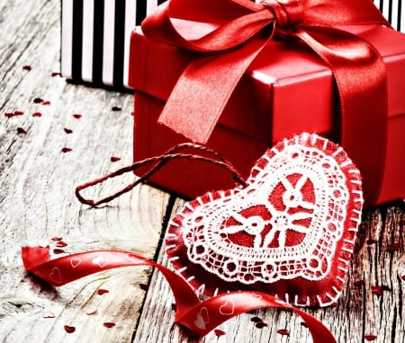 Happy Valentine's Day! - heart, wood, black, white, red, valentine, box, gift, bow, stripes