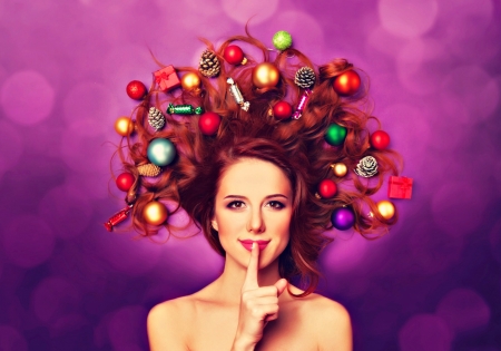 Shhh - ball, girl, sweets, pink, christmas, redhead, purple, craciun, red, woman, model