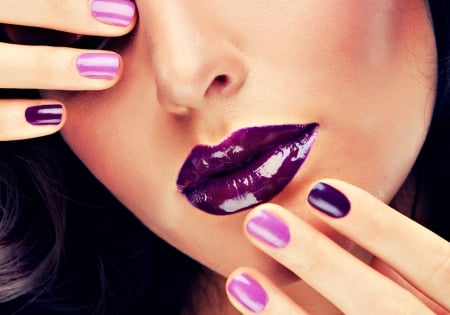 Purple - face, make-up, purple, pink, lipstick, girl, mouth, lips, hand, woman