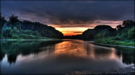 Sunset over the Lake - lake, mountains, reflection, trees, sunset, nature