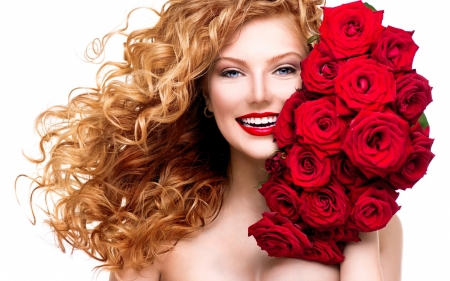 Beauty - girl, flower, smile, white, redhead, red, woman, model, rose