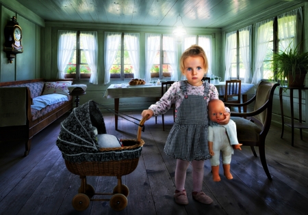 Grandma's livingroom - girl, john wilhelm, blonde, clock, toy, child, grandma, funny, green, cute, livingroom