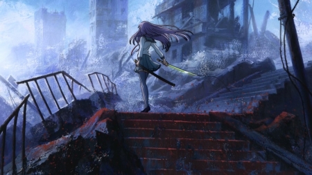 Apocaliptic Warrior - Girl, Owari No Seraph, Katana, Warrior, Anime, Apocalips, City