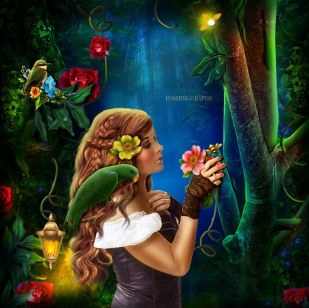 Nuitexotique - girls, love four seasons, photomanipulation, parrot, flowers, weird things people wear, digital art, art, fantasy, lady, creative pre-made, birds