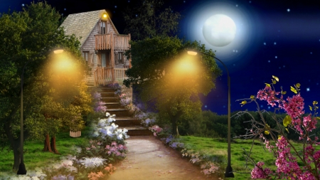 ~*~ The Tree House ~*~ - flowers, nature, HD wallpaper, landscape, magic night, The Tree House, full moon