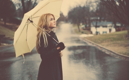 under the umbrella - rain, road, blonde, girl, umbrella