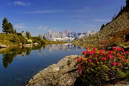 Nature paradise - calm, summer, beautiful, tranquil, landscape, reflection, mountain, stones, shore, nature, cliffs, serenity, lake, paradise, sky, rocks