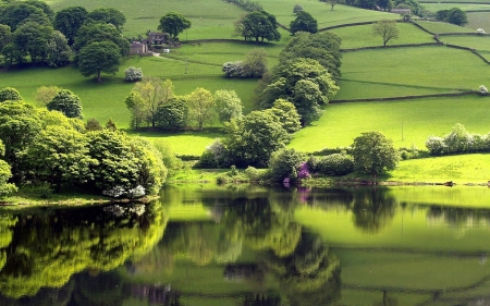 English Countyside - uk, pond, reflection, fields, nature