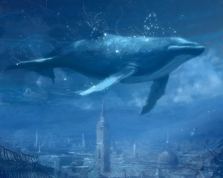 Fantasy - whale, fantasy, blue, underwater, sea, city, art