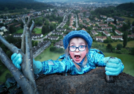 Help! - hat, glasses, girl, copil, funny, child, creative, shoot or help, john wilhelm, situation, blue, lou, little