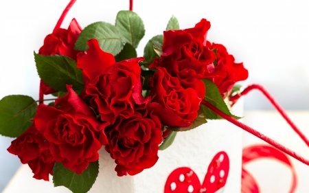 Happy Valentine's Day! - white, heart, red, green, valentine, ribbon, rose, flower