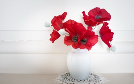 Poppies - vase, poppy, white, red, flower