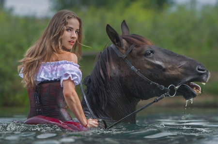 Girl bold - girl, horse, pretty, river