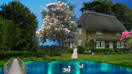 ~*~ Cottage Beside The lake ~*~ - flowers, trees, nature, HD wallpaper, landscape, lake, cottage