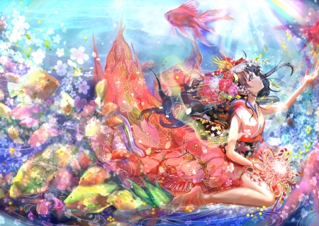 The ocean floor - ocean, fish, anime, colorful, kimono, flowers