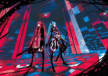 miku luka - blue red, miku, luka, vocaloid, anime