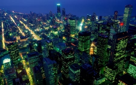 after dark in chicago - skyscrapper, building, lights, chicago