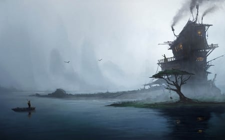 Welcome home, my Love! - house, water, emmanuel shiu, boat, dark, fantasy, mist, couple, hut, art