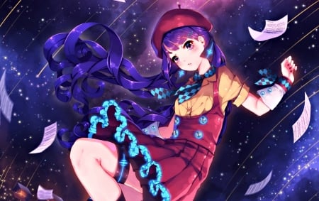 Anime girl - anime, vocaloid, girl, fangxiang cuoluan, night, pink, manga, purple, red, paper