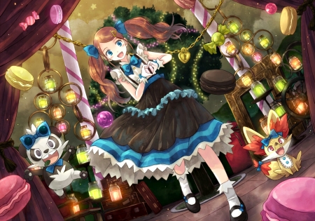 World of candies - sweets, fennekin, anime, food, cute, manga, girl, pancham, pokemon, candy, yakka, pink, blue, dessert, serena, happy, dress, lights