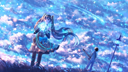 Hatsune Miku - hatsune miku, sky, bou nin, girl, magical, ball, art, purple, cloud, boy, pink, luminos, vocaloid, blue, anime, manga