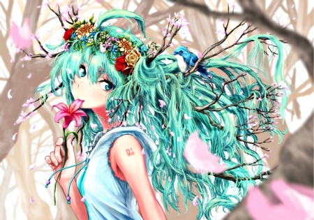 Hatsune Miku - anime, branch, vocaloid, blue, girl, spring, hatsune miku, flower, petals, pink, manga, art, jino454649boy