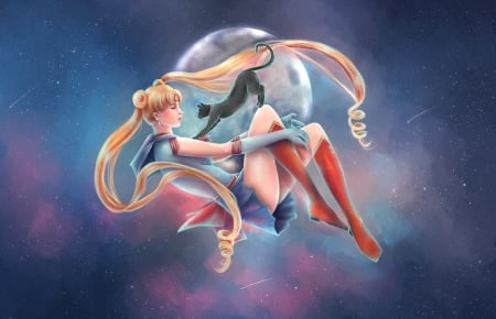 Sailor Moon - red, black, cat, blonde, anime, serenity, girl, luna, blue, manga, art, fantasy, sailor moon