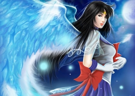 Sailor Saturn - woman, girl, angel, hotaru tomoe, tiodpraz, wings, fantasy, sailor moon, art, red, blue, anime, feather, sailor saturn, brunette, manga