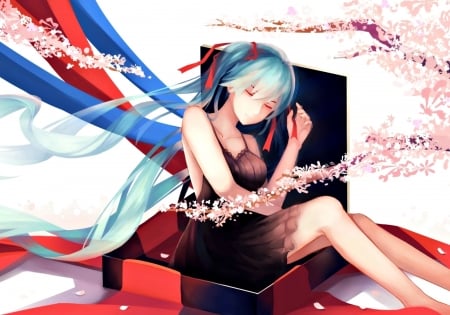 Spring gift - anime, vocaloid, sakura, blue, girl, spring, hatsune miku, flower, pink, manga, red, box, gift, art