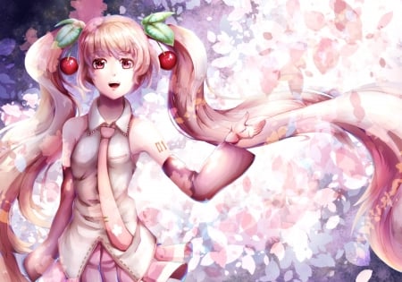 Sakura Miku - anime, vocaloid, raymond busujima, cherry, girl, flower, pink, manga, red, fruit, sakura miku, art