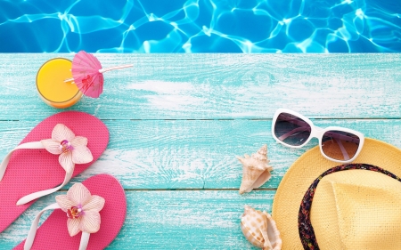 Happy Summer! - drink, hat, od, orchid, slippers, water, summer, sunglasses, wood, yellow, pink, blue, umbrella, shell, flower